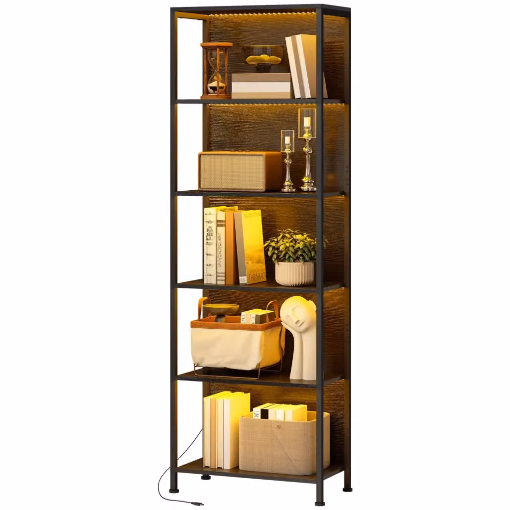Libreria Minimal con 5 Ripiani e Illuminazione LED Integrata in Stile Industrial, Colore Nero, L 60 cm x P 30 cm x H 179 cm – 2