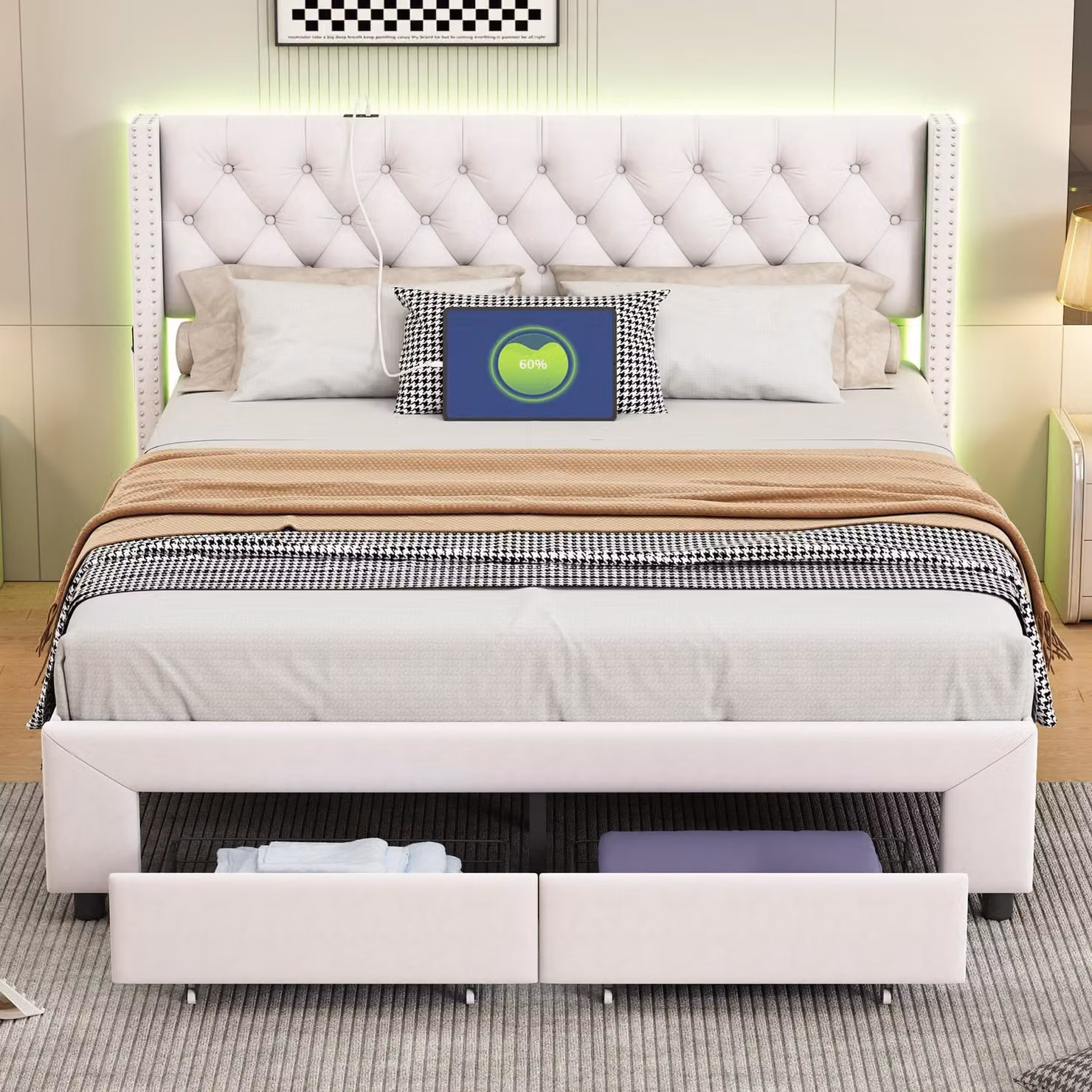 Letto imbottito matrimoniale INONEFT, dimensioni 180x200 cm, con 2 cassetti, testiera con illuminazione LED e prese USB, adatto anche per ragazzi, rivestito in velluto, colore beige