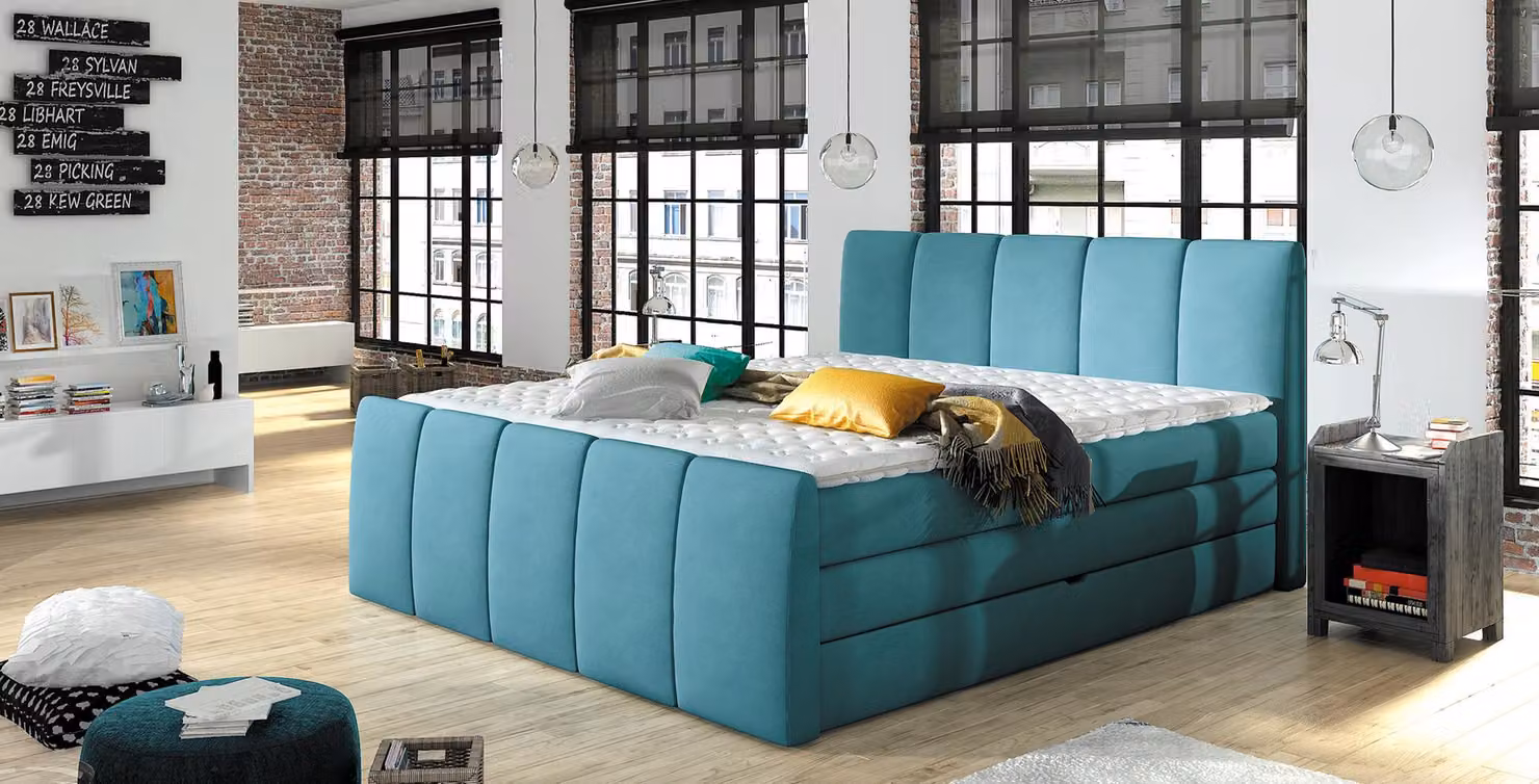Boxspring Letti Blu 180x200 Camera da letto Tessile Hotel Letto Tappezzeria Design