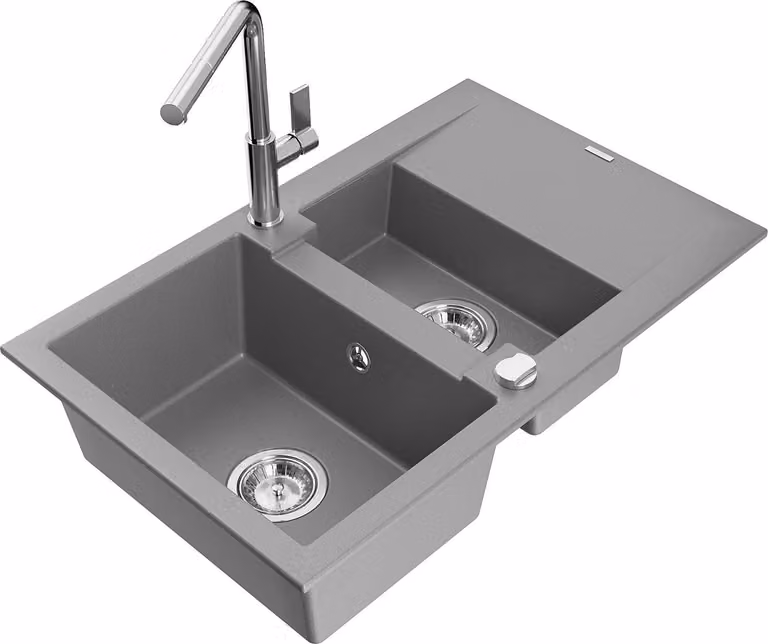 Mexen Gaspar lavello in granito 1,5 vasche con scolapiatti e rubinetto cucina Flora, grigio - 6507-71-670401-00