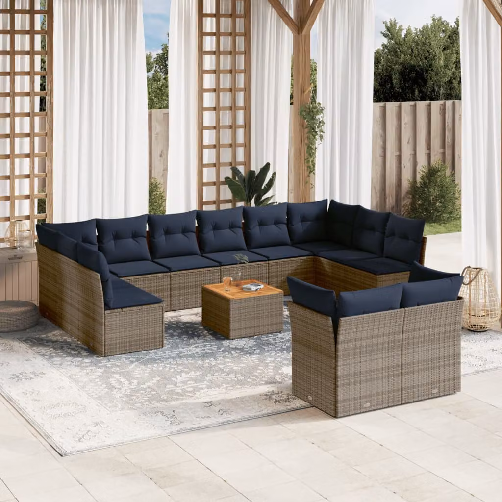 vidaXL Set Divani da Giardino a Forma di U in Polyrattan Grigio con 13 Pezzi e Cuscini – 1
