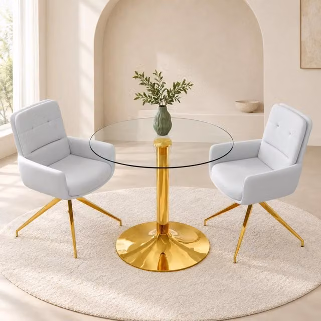 Set da pranzo con tavolo rotondo in vetro temperato da 85 cm e 2 sedie girevoli in PU grigio chiaro con struttura metallica dorata