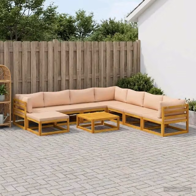 Set di divani da giardino vidaXL in legno di acacia massello con cuscini beige e marrone, composizione a L con 9 pezzi inclusi tavolo da caffè e pouf