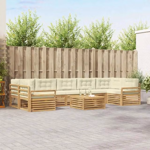 Set di divani da esterno vidaXL in legno di acacia con cuscini, Bianco e Beige – 1