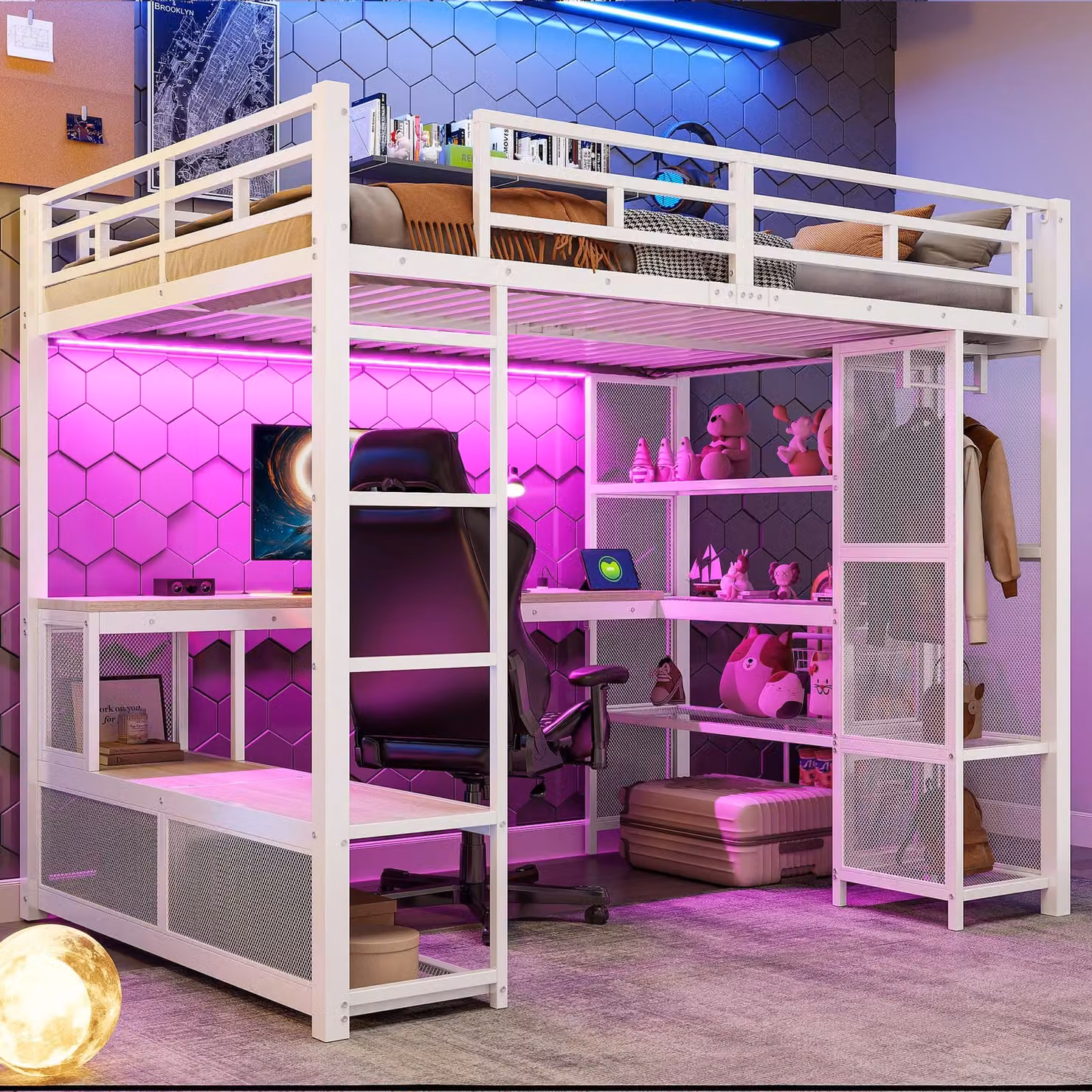 Letto a castello in metallo, 140 x 200 cm, con scrivania, spazio contenitivo, armadio aperto, porta USB e illuminazione a LED. Letto singolo, colore bianco, struttura interamente in metallo