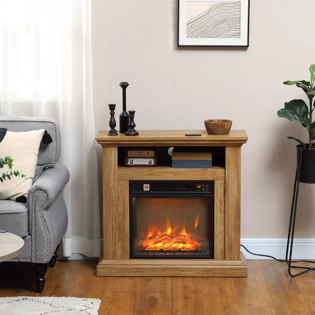 Camino Elettrico da Pavimento GIORDANOSHOP con Effetto Fiamma 3D da 1800W, Marrone, L: 81,5 cm, P: 30 cm, H: 76,2 cm – 2