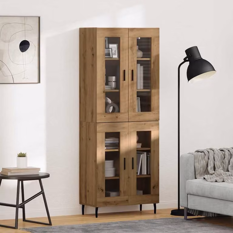 Set di 2 credenze moderne vidaXL in rovere e vetro, L/P/H: 69,5 x 34 x 180 cm