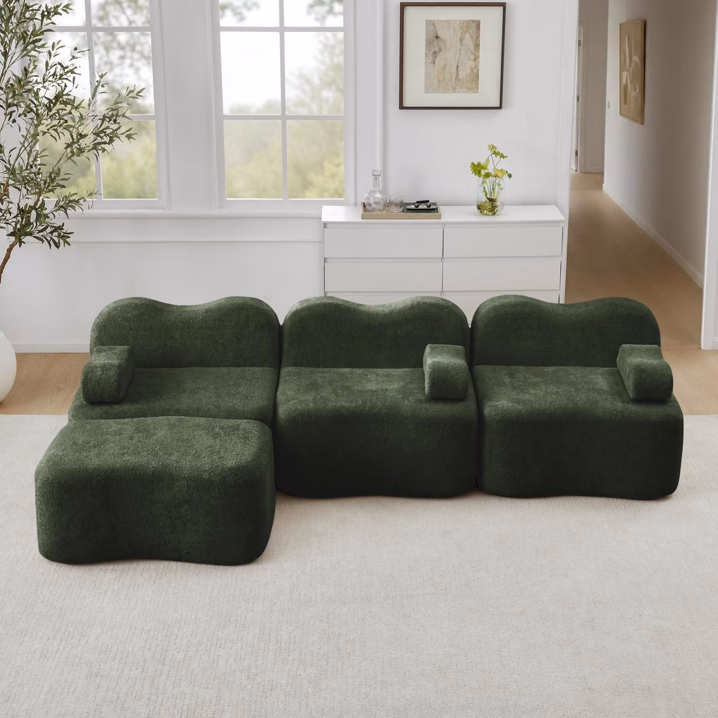 Divano angolare a tre posti, modello "Boneless", con poggiapiedi, imbottitura in schiuma 32D, design a onde, cuscini per braccioli removibili (verde)