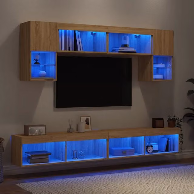 Mobili TV a Muro con LED 6 pz-Credenza per TV sospesa Rovere Sonoma Legno Multistrato 917234
