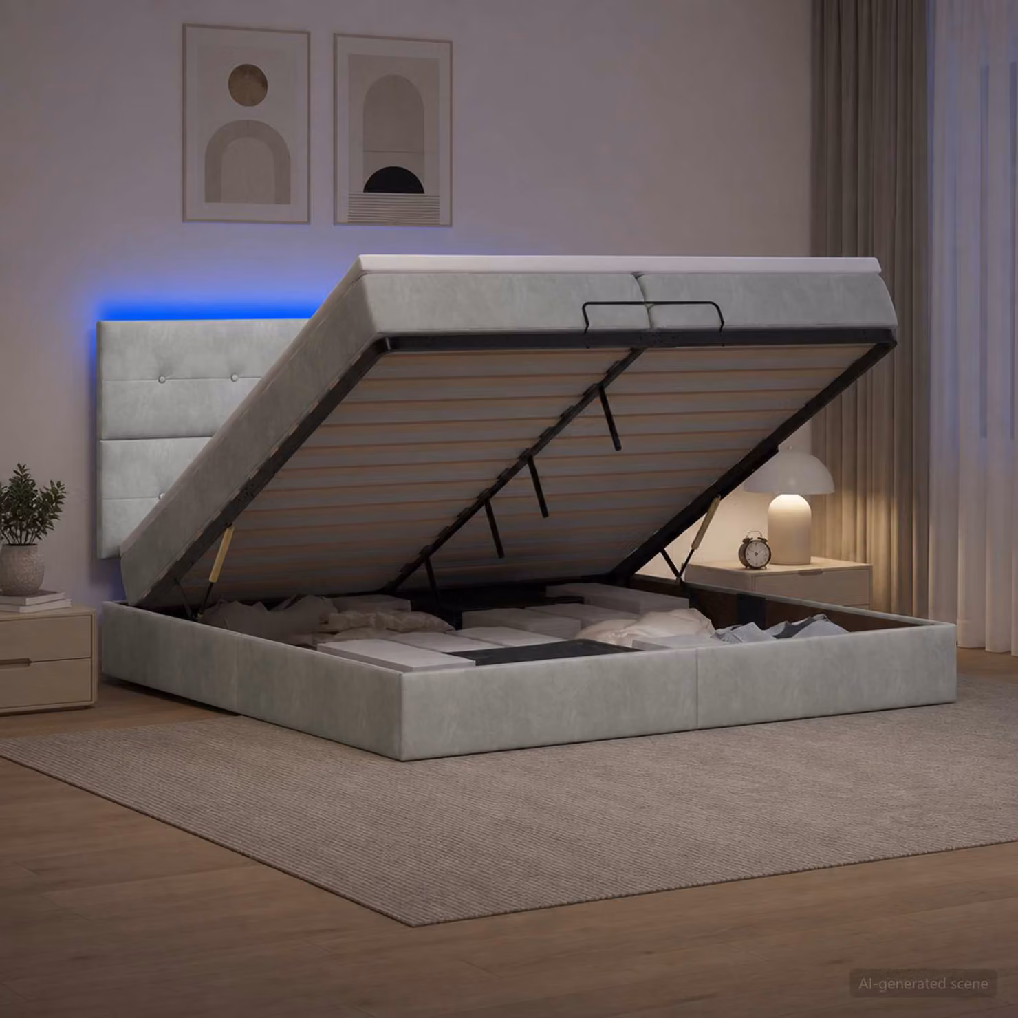 Letto Ottomano con Materasso e Illuminazione LED vidaXL, Grigio Chiaro, L/P/H: 200 x 200 x 88 cm