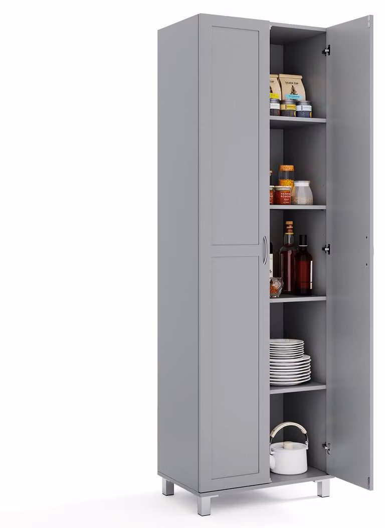 COSTWAY Armadio da cucina alto, 187 cm, dispensa con 2 ante e ripiano regolabile, armadio multiuso moderno, armadio alto, credenza, grigio