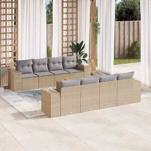 vidaXL Set Divano da Giardino 9 pz in Polyrattan con Cuscini Beige e Grigio per Terrazza e Giardino