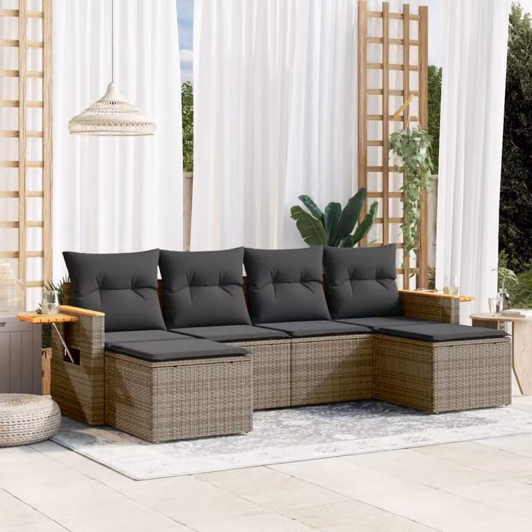 Set Divano da Giardino vidaXL 6 pz in Polyrattan Grigio con Cuscini e Tavolino