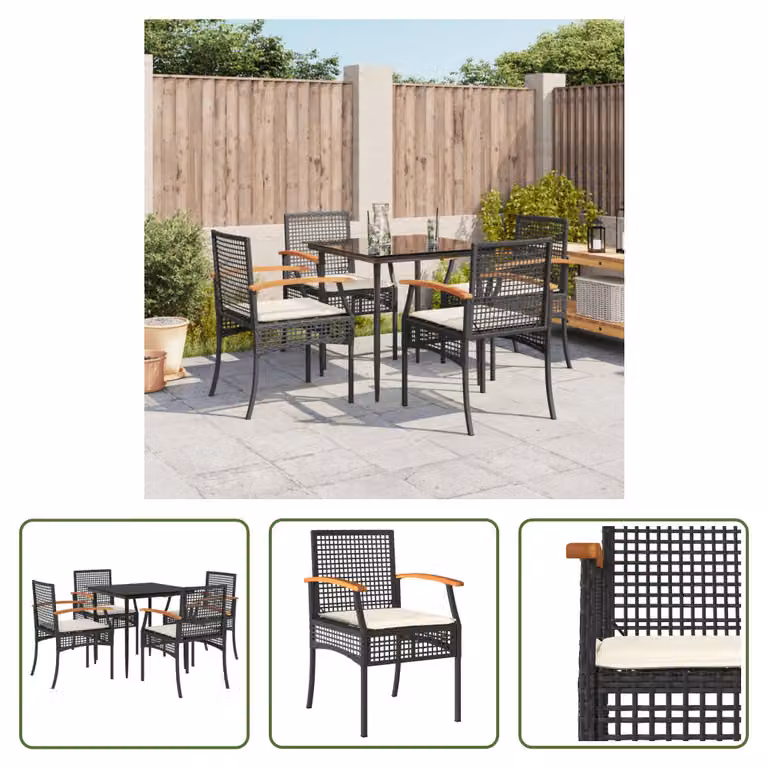 The Living Store Set da pranzo da giardino 5 pezzi con cuscini in poly rattan nero