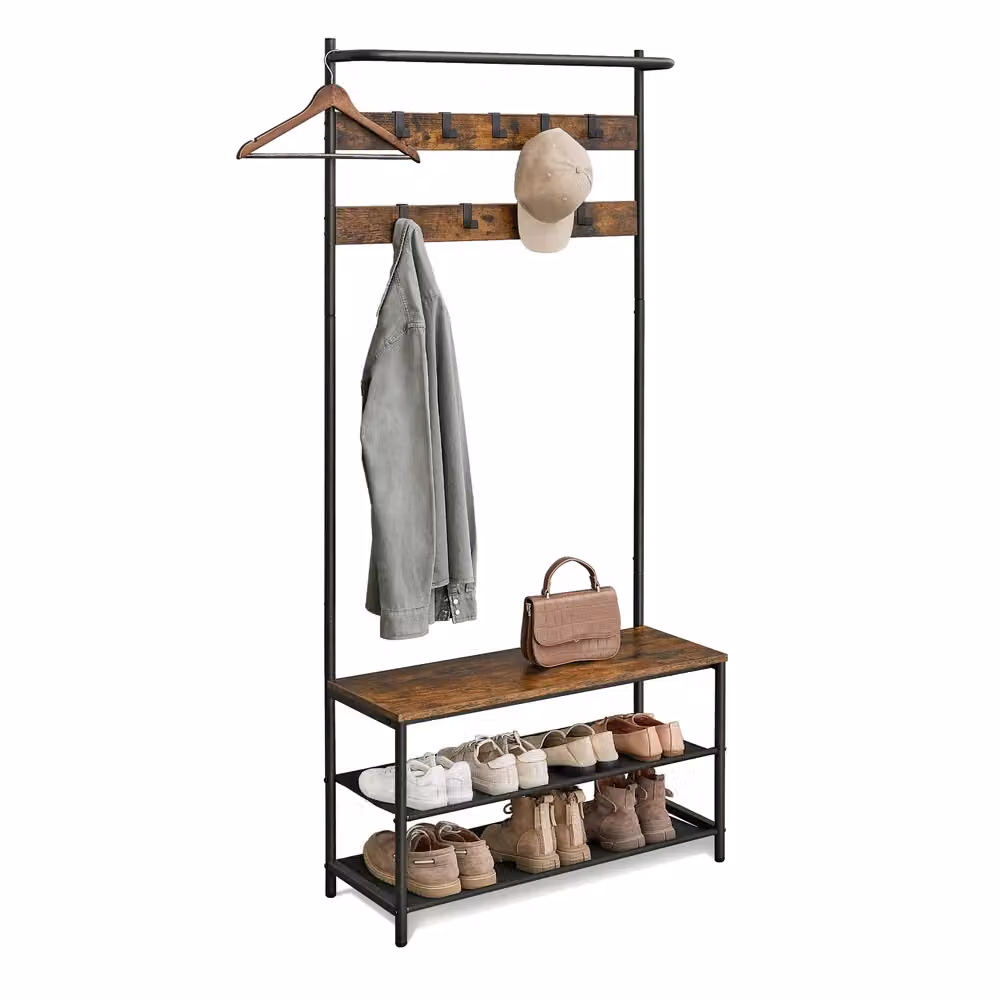 Appendiabiti da Ingresso con Panca Scarpiera, Marrone Vintage + Nero / 32,2 x 84 x 180 cm