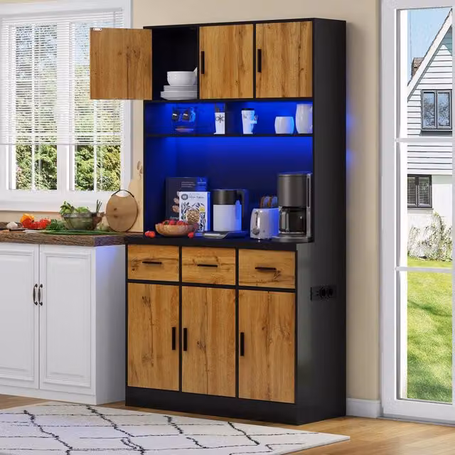 Credenza da cucina Mivray moderna con 6 ante, 3 cassetti, illuminazione LED integrata e prese USB, colore nero e naturale, L: 100 cm, P: 40 cm, H: 180 cm