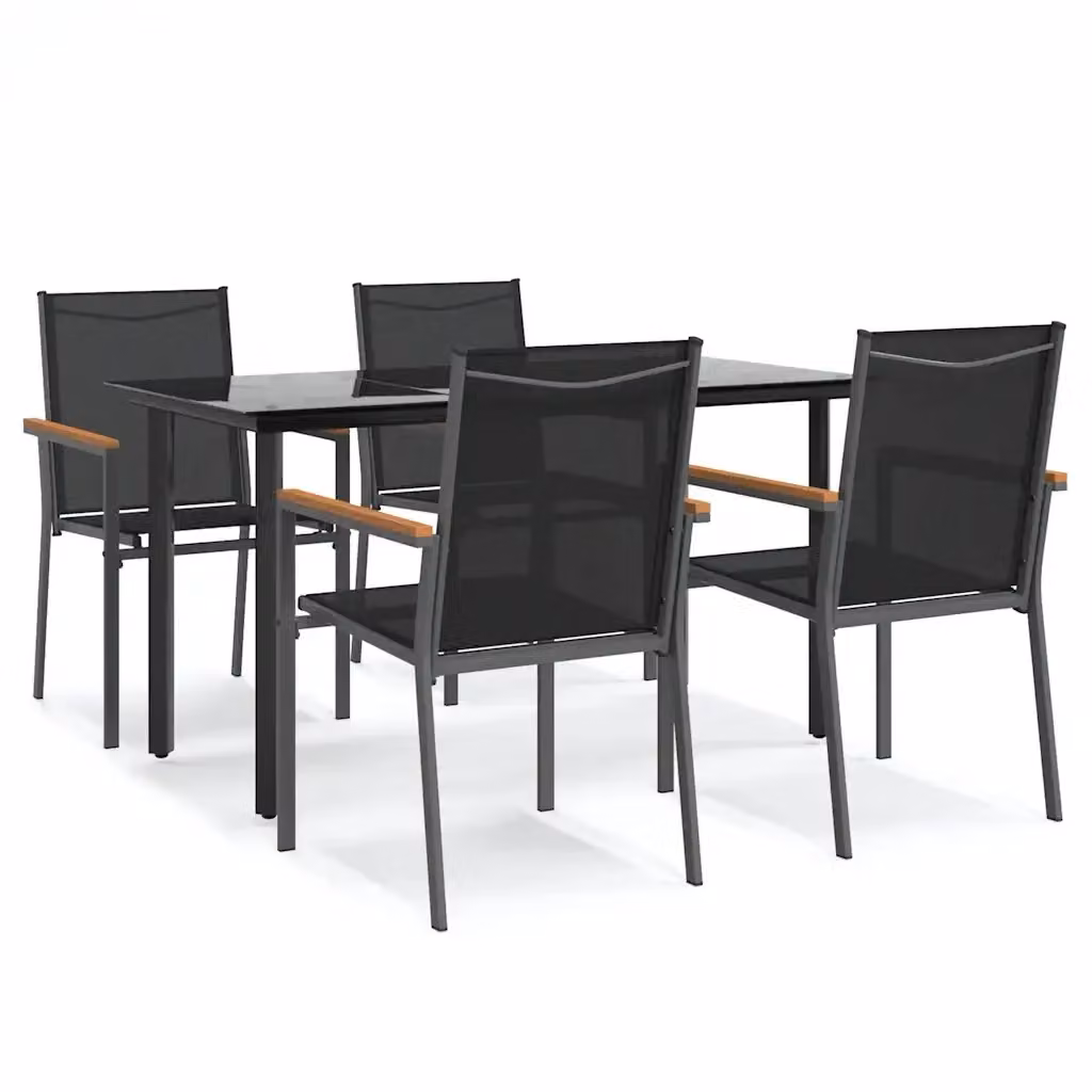 Set da pranzo da giardino vidaXL in 5 pezzi nero con tavolo in vetro e sedie in acciaio rivestito in polvere – 2