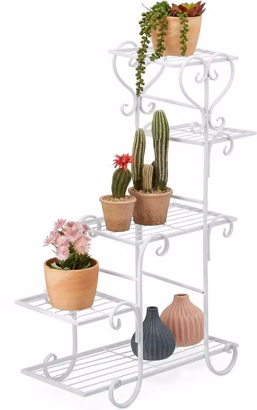 Tavolino portavasi in metallo per interni, bianco, 5 ripiani, dimensioni 75 x 56 x 23 cm.