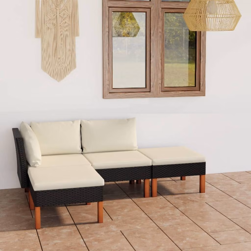 The Living Store Set salotto da giardino 4 pezzi con cuscini in poly rattan nero