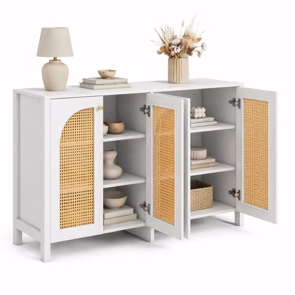 Credenza moderna con 4 ante effetto rattan in MDF bianca L: 145 cm – 2