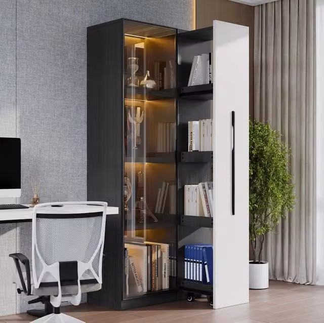 Vetrina moderna con LED e vano laterale 70x40x160 cm in MDF; nero e bianco