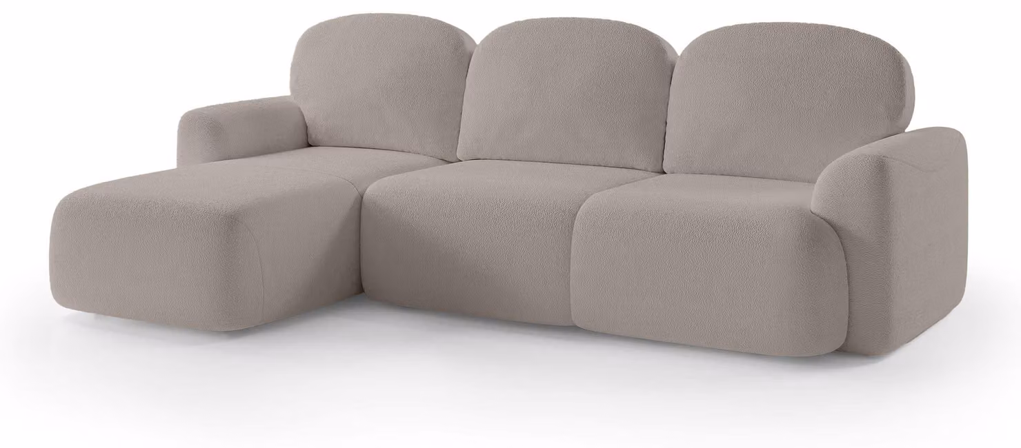 Divano angolare con funzione letto, modello Bulu, lato sinistro, con copri-bracciolo in tessuto effetto cenere