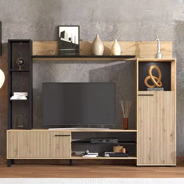 Mobile Soggiorno Rovato, Parete Attrezzata 8 Ripiani, 207.5x33x157.5h cm Marrone Rovere Nodi