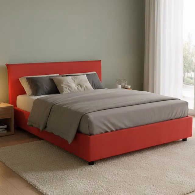 Letto Matrimoniale Ashlee Talamo Italia Rosso con Base Contenitore e Rivestimento Sfoderabile L/P: 160 x 190 cm