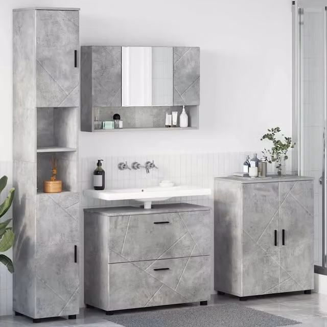 Set di mobili per il bagno 4 pezzi vidaXL in stile minimalista, colore grigio e nero, con illuminazione LED, L/P/H: 35 x 30 x 192 cm – 1
