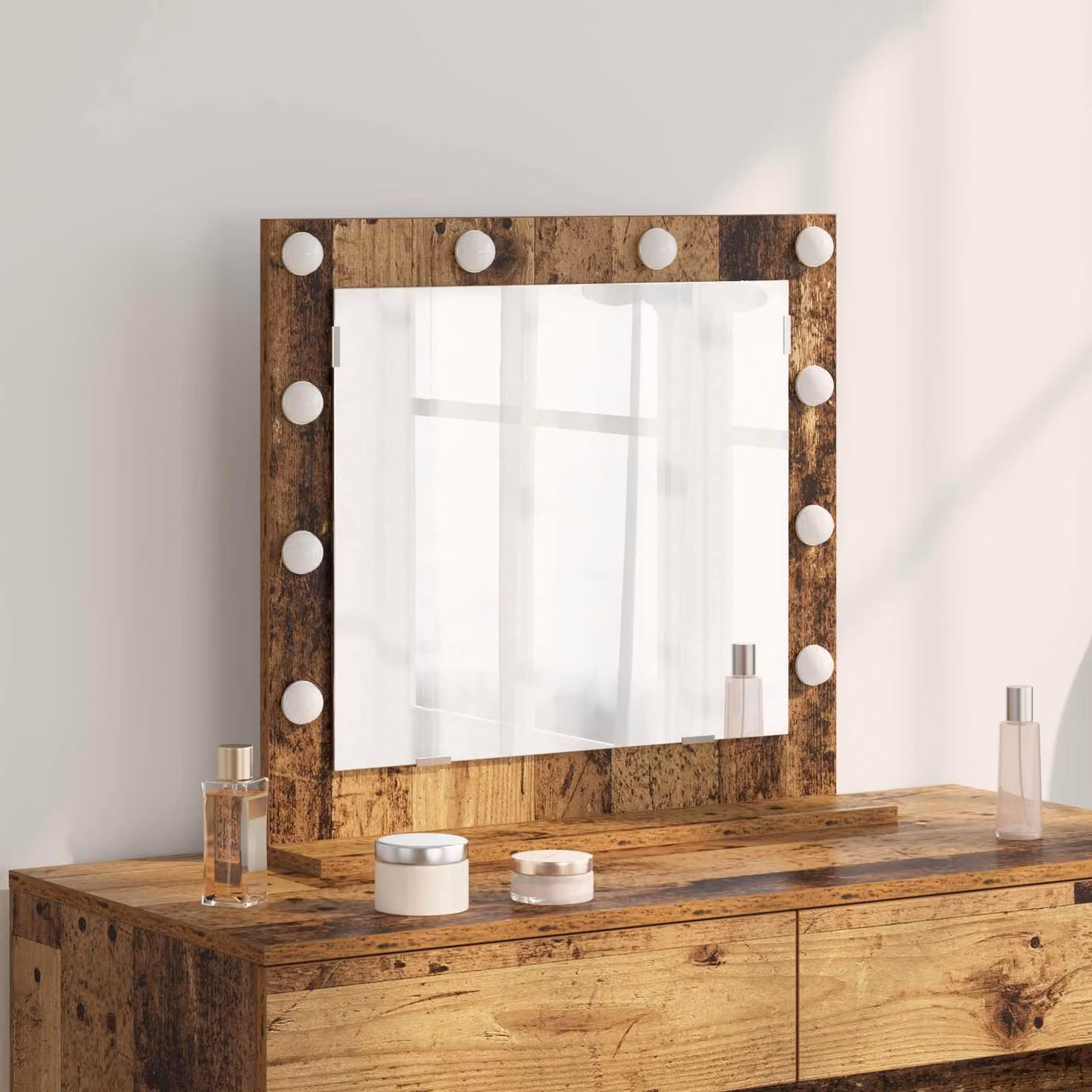Specchio da Vanità vidaXL Moderno con Luce LED, Legno e Vetro, Marrone, L: 60 cm, P: 55 cm, H: 18 cm