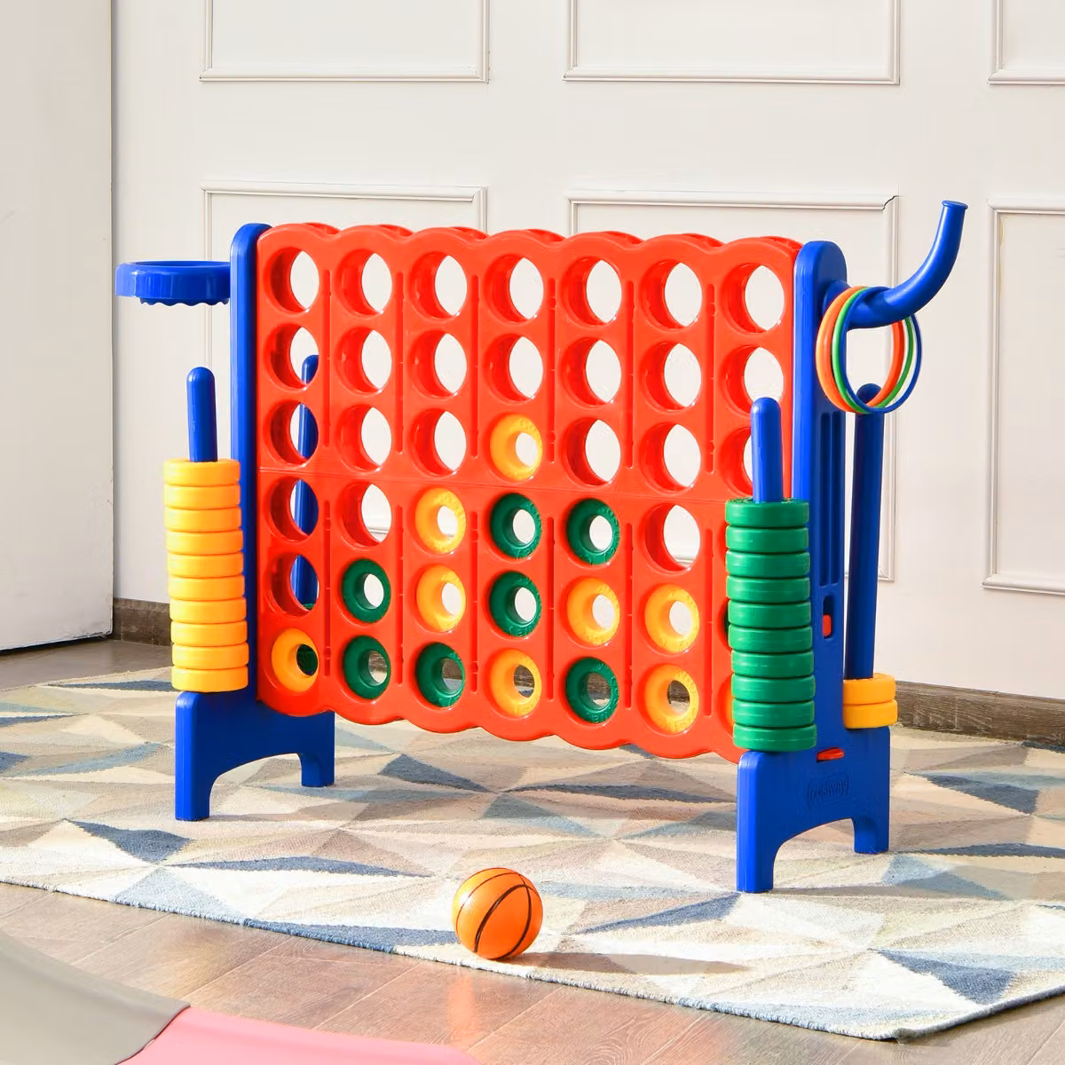 Gioco da lancio Forza 4 gigante Costway con canestro per bambini e adulti, Blu e Multicolore, L 84 cm x P 33 cm x H 79 cm
