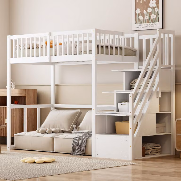 Letto a soppalco 90x200 con scala di sicurezza, struttura del letto in legno di pino massiccio per bambini e ragazzi bianco
