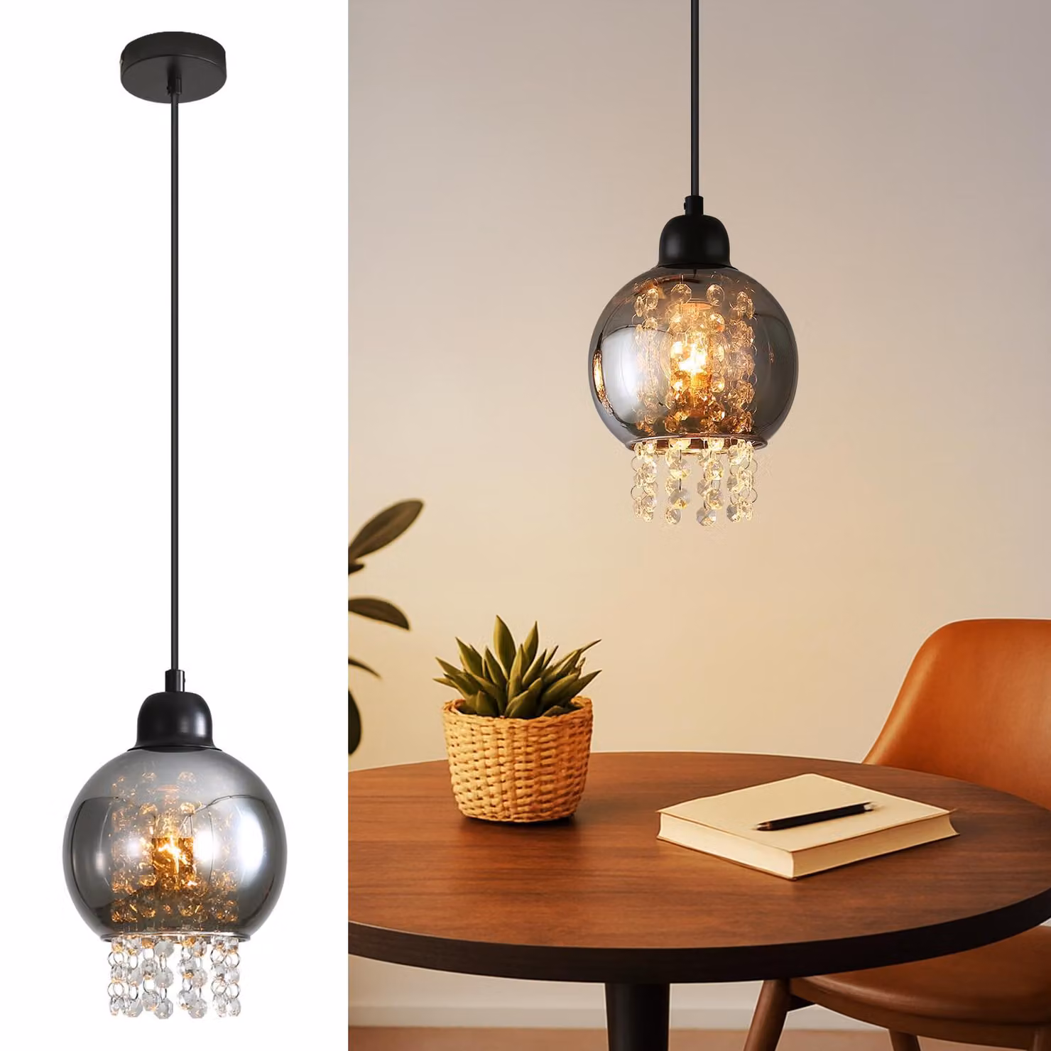 ZMH Lampada a sospensione tavolo da pranzo lampada a sospensione soggiorno tavolo da pranzo lampada in vetro nero E27 lampada a sospensione camera da letto 1 fiamma lampada a sospensione sala da pranzo moderna lampada di cristallo per hotel cucina (senza