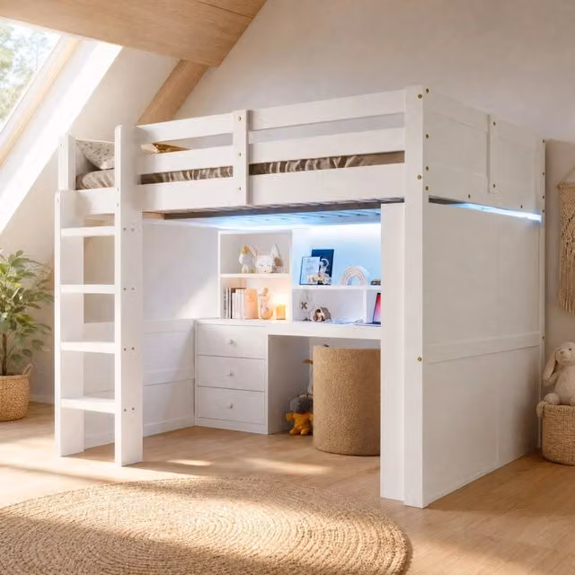 Letto a soppalco 140x200 cm in legno bianco con LED, armadio, scrivania, cassetti e spazio contenitivo, senza materasso