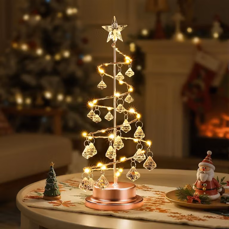 Luce notturna a LED a forma di albero di Natale, spirale in cristallo, decorazione natalizia, color rosa oro, 28 cm