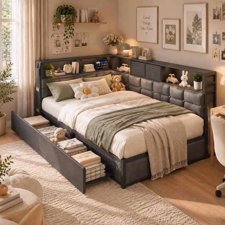 Letto imbottito INONEFT, divano letto 140x200 cm con LED e USB, letto per ragazzi con 2 cassetti, testiera a forma di L con spazio contenitore, rete a doghe in metallo, colore grigio