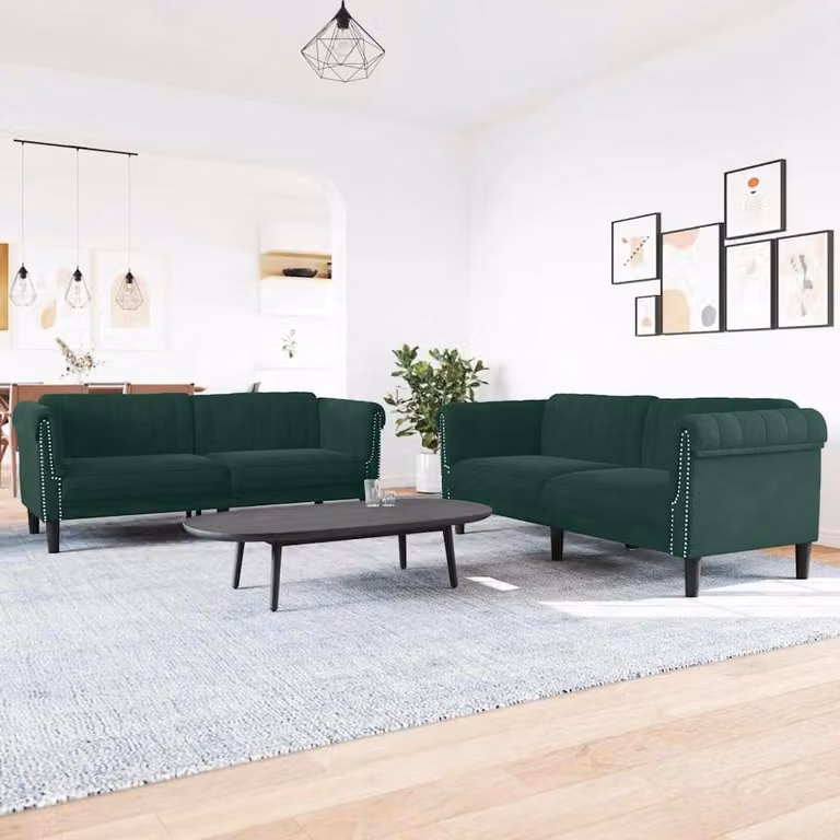 Set di divani 3 pezzi vidaXL in velluto verde con struttura in legno massiccio e cuscini inclusi