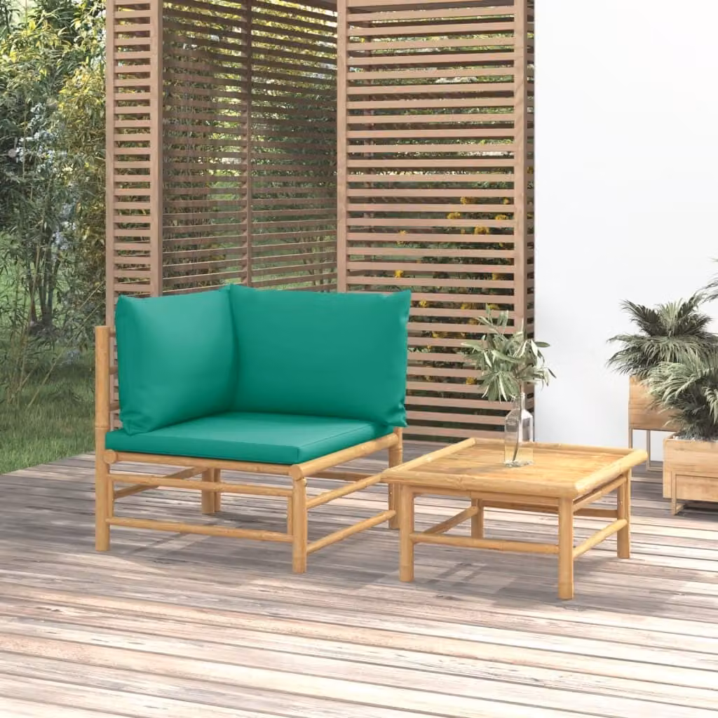 Set da lounge per giardino, composto da due elementi, con cuscini verdi, in bambù