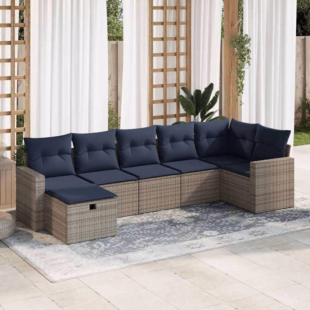 Set di divani da giardino vidaXL in polyrattan 7 pezzi con cuscini grigi e blu a forma di L con struttura in acciaio e sedute imbottite