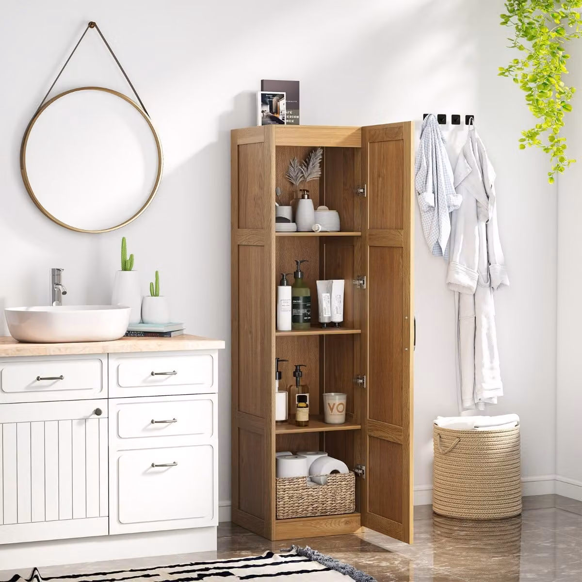 Costway Mobile da terra indipendente con 4 ripiani e ante, Credenza moderna in legno marrone per cucina, soggiorno o bagno, H 150 x L 76 x P 40 cm, L 37,5 cm