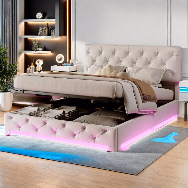 Letto Moonbite con contenitore, dimensioni 140x200 cm – LED RGB su tre lati, testiera imbottita regolabile, rete a doghe, tessuto, color beige