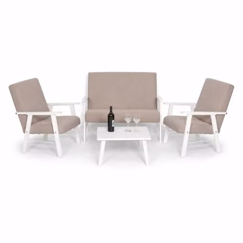 MA MAISON Set Salottino da Giardino in Legno Bianco - Divano, Poltrone, Tavolo, in Tessuto, Imbottito, Braccioli, da Arredo, per Soggiorno, Terrazza, Resistente, Moderna - Made in Italy (Beige)