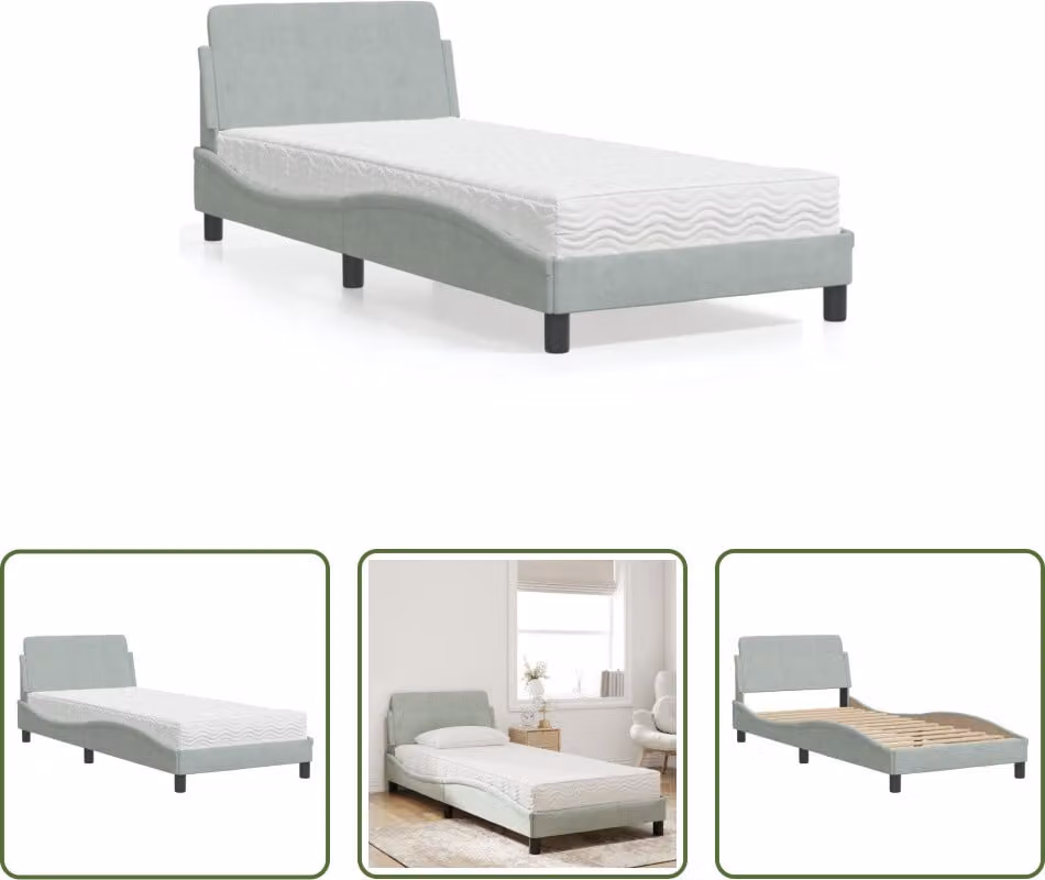 The Living Store Letto con materasso grigio chiaro 90x190 cm in velluto