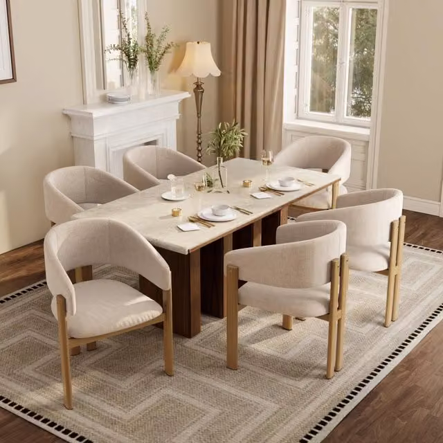 Set 6 Sedie da Pranzo ¨C Minimal ¨C Struttura in metallo effetto legno, rivestimento tessuto lino, stile moderno, colore legno naturale
