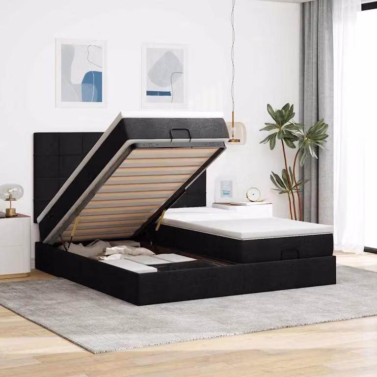 Letto matrimoniale con contenitore a sollevamento vidaXL in tessuto nero con porta USB e illuminazione sottostante L/P/H: 200 x 200 x 28 cm