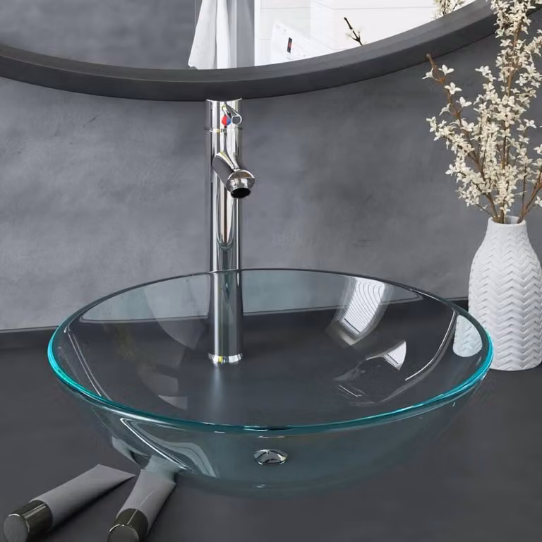 The Living Store Set lavabo con rubinetto e piletta in vetro trasparente temperato
