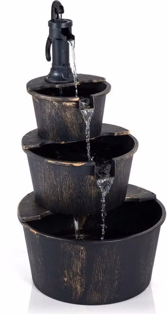 Fontana a cascata da giardino a 3 livelli in stile rustico, fontanella decorativa da esterno per patio e terrazzo, disponibile nei colori bronzo o nero, H: 92,5 cm x L: 52 cm x P: 52 cm – 1