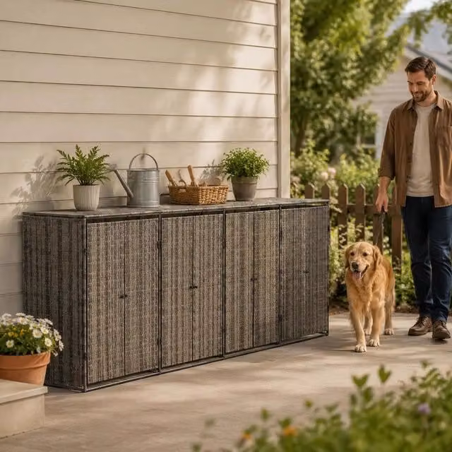 Garbage Can Storage Unit For 4 Bins, Grey, 274x80x117 Cm, Poly Rattan