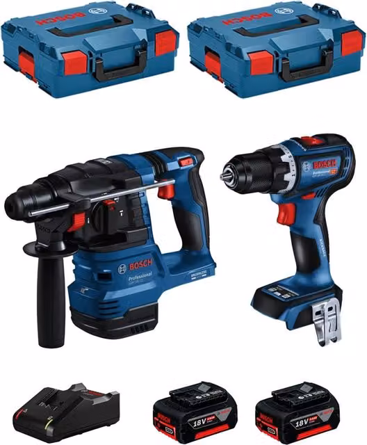 Bosch Kit BK221 con Martello Perforatore GBH 18V-22, Avvitatore GSR 18V-90 C, 2 Batterie da 5,0 Ah, Caricabatterie GAL18V-40 e 2 L-Boxx 136 Blu – 1