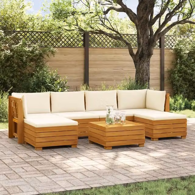 Set di divani da esterno vidaXL in legno di acacia massello marrone e beige con 7 pezzi, inclusi tavolino, pouf e cuscini con coperture rimovibili